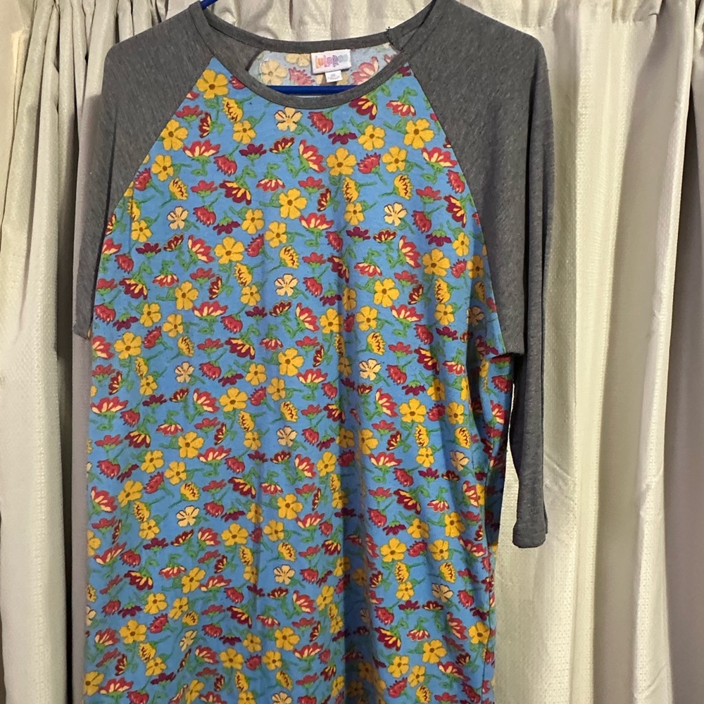 LuLaRoe Blue Floral Top with Gray Sleeves